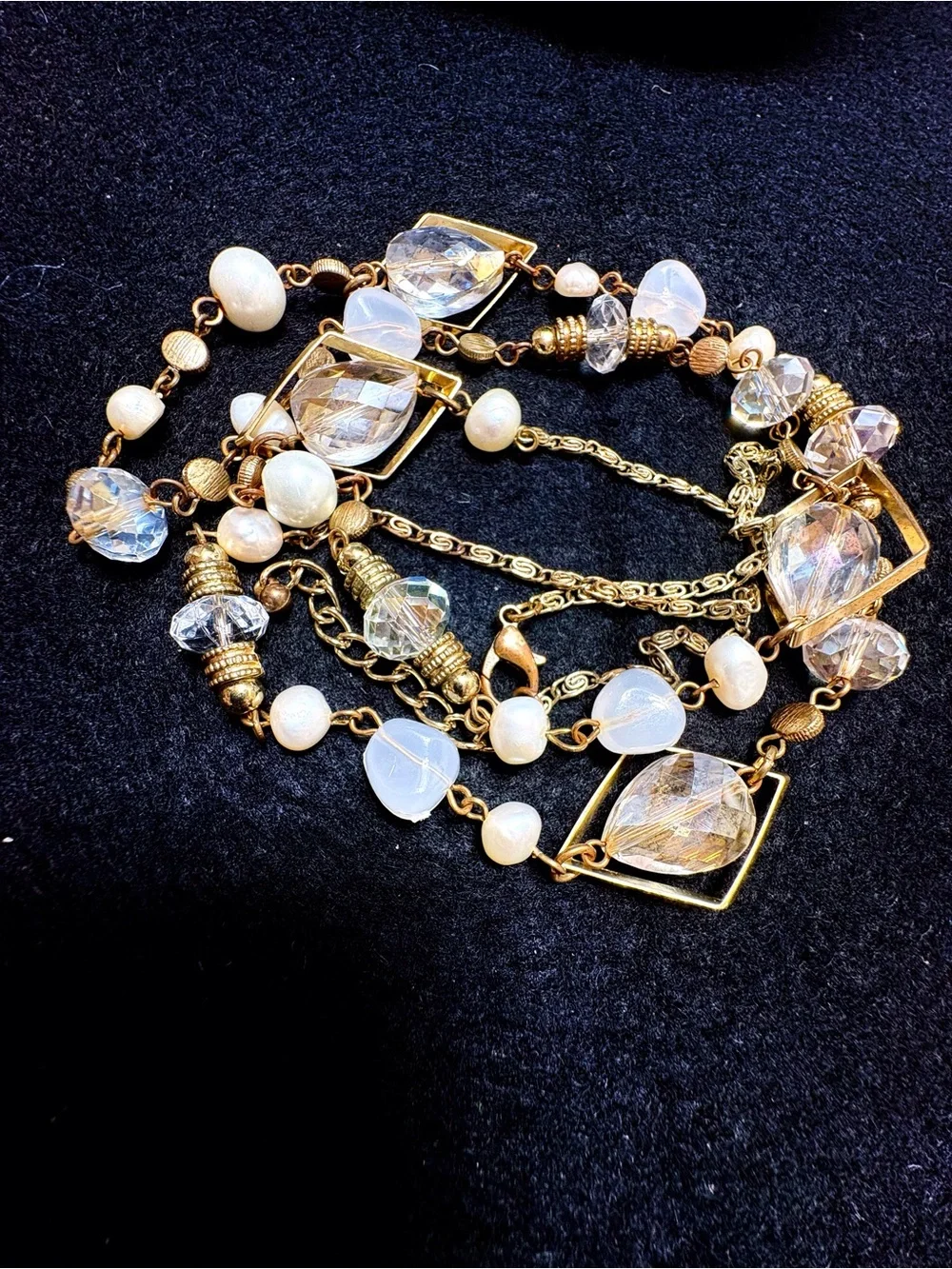 Vintage Elegant Gold-Tone Beaded Long Necklace with Clear and Cream Accents